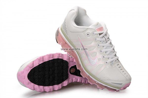 Nike耐克Air max跑鞋 2009皮面荔枝纹白粉色 女